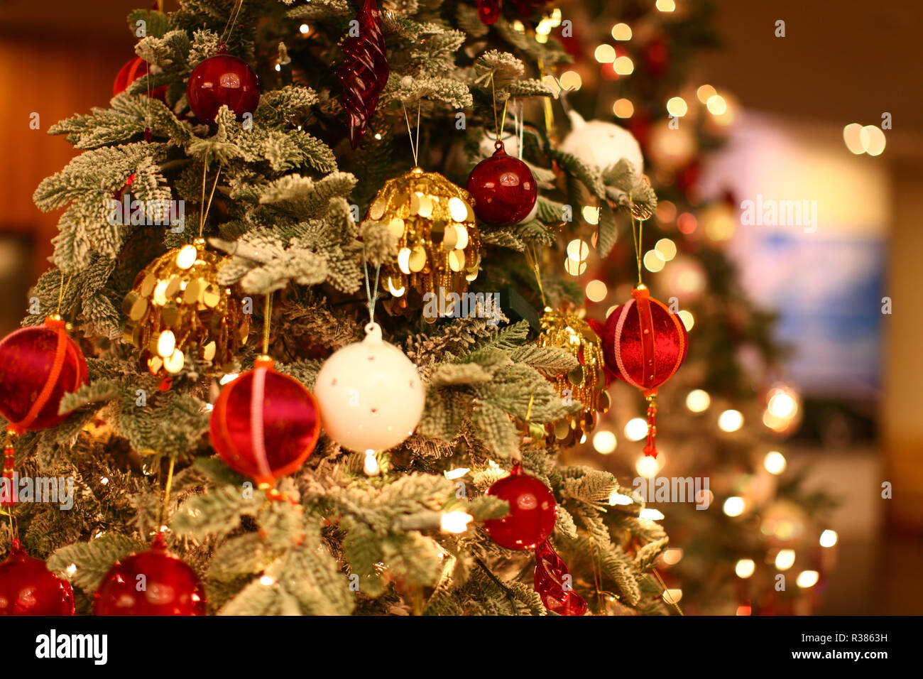 Christmas tree closeup with beautiful and colorful ornaments Stock ...