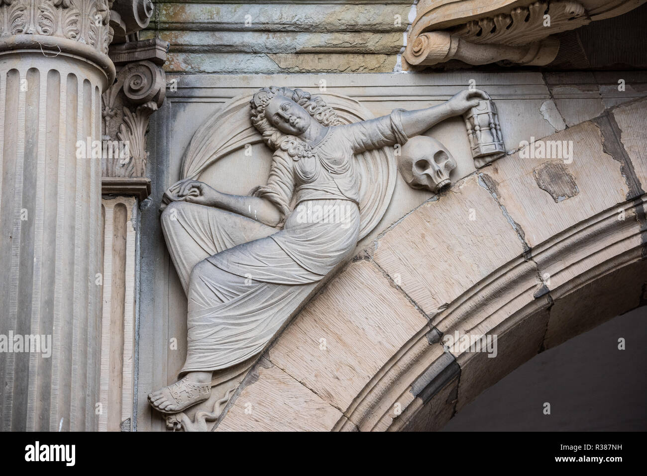 Kronborg Castle Sculpture Helsingør Denmark // HELSINGØR, Denmark — Sculptures and friezes etched into the walls of Kronborg Castle depict themes of the dramatic arts and music. These Renaissance artworks celebrate the cultural and artistic legacy of the Danish royal court. Known as Hamlet’s Castle, Kronborg is a UNESCO World Heritage Site. Stock Photo