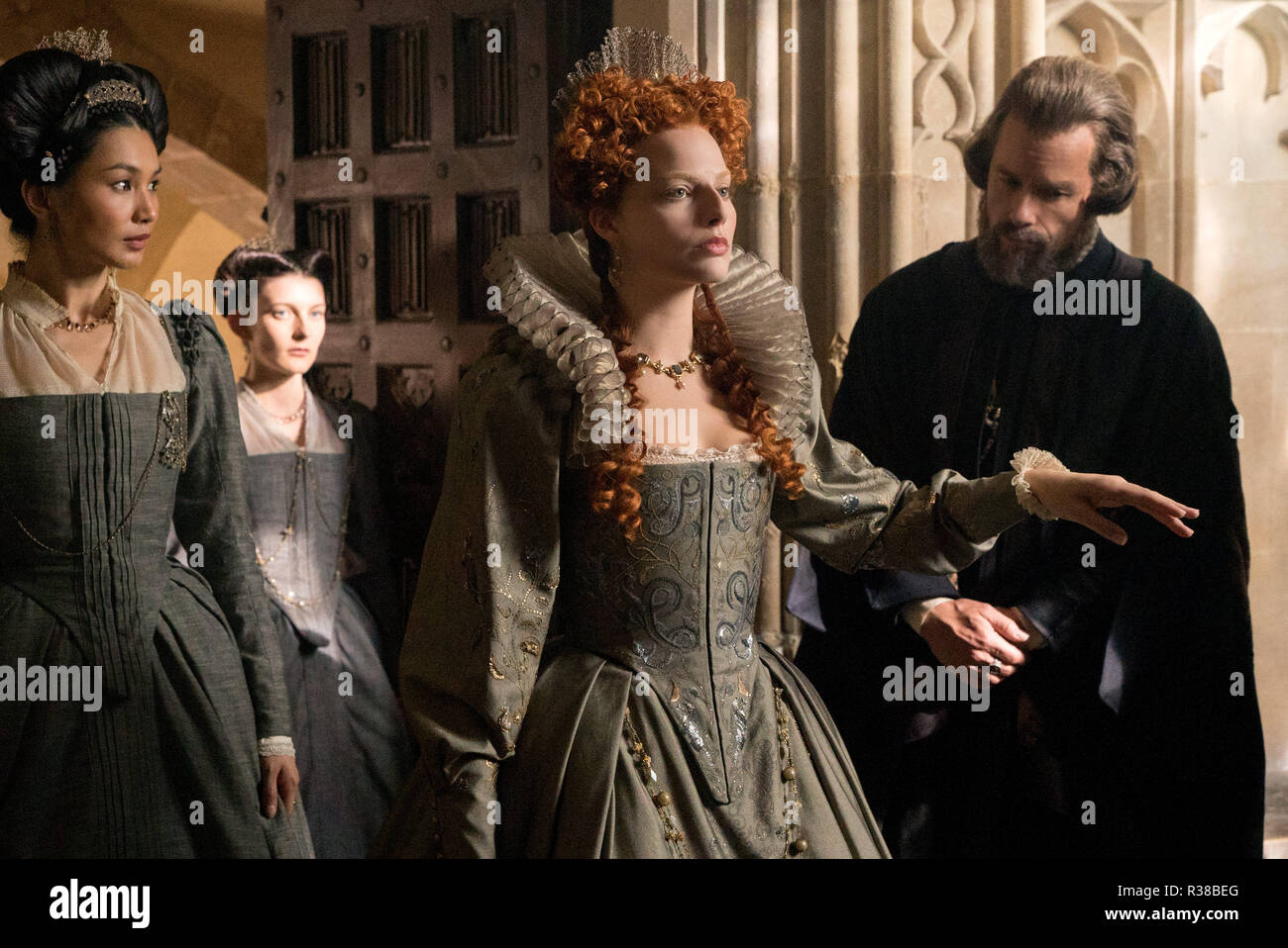 RELEASE DATE: November 2, 2018 TITLE: Mary Queen Of Scots STUDIO: Focus Features DIRECTOR: Josie Rourke PLOT: Mary Stuart's attempt to overthrow her cousin Elizabeth I, Queen of England, finds her condemned to years of imprisonment before facing execution. STARRING: GEMMA CHAN as Bess of Hardwick, GRACE MOLONY as Dorothy Stafford, MARGOT ROBBIE as Queen Elizabeth and GUY PEARCE as William Cecil. (Credit Image: © Focus Features/Entertainment Pictures) Stock Photo