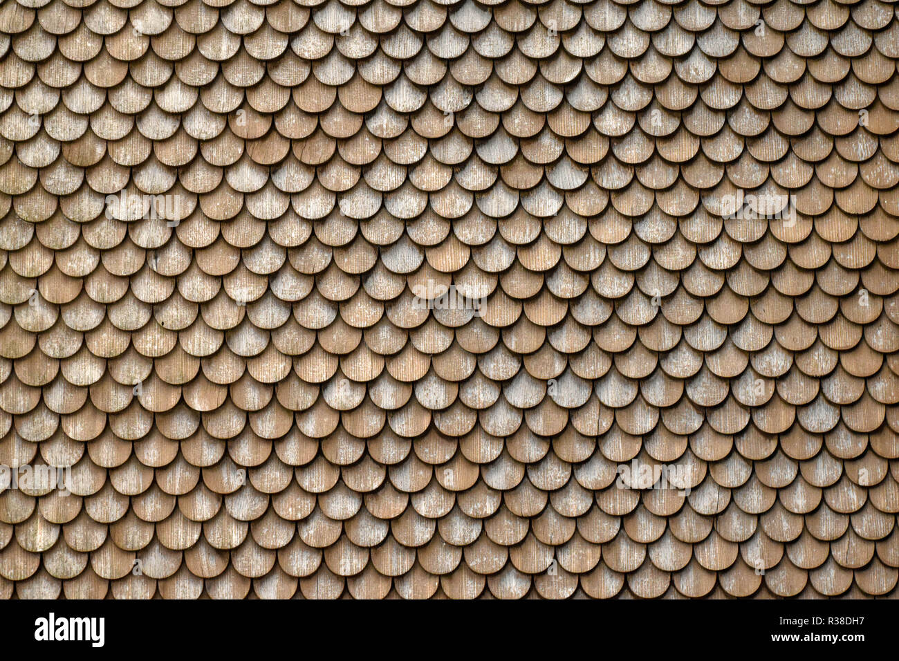 Closeup of a roof of a Swiss farm, covered with round wooden shingle ...