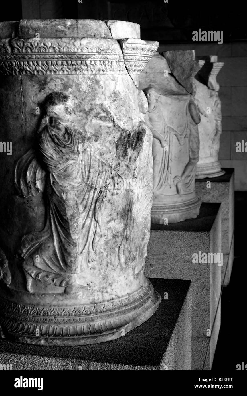 Cartagena, Spain - August 1 2018: Black and white image of carved decorated Roman stone pillars in the ROman Museum in Cartagena Stock Photo