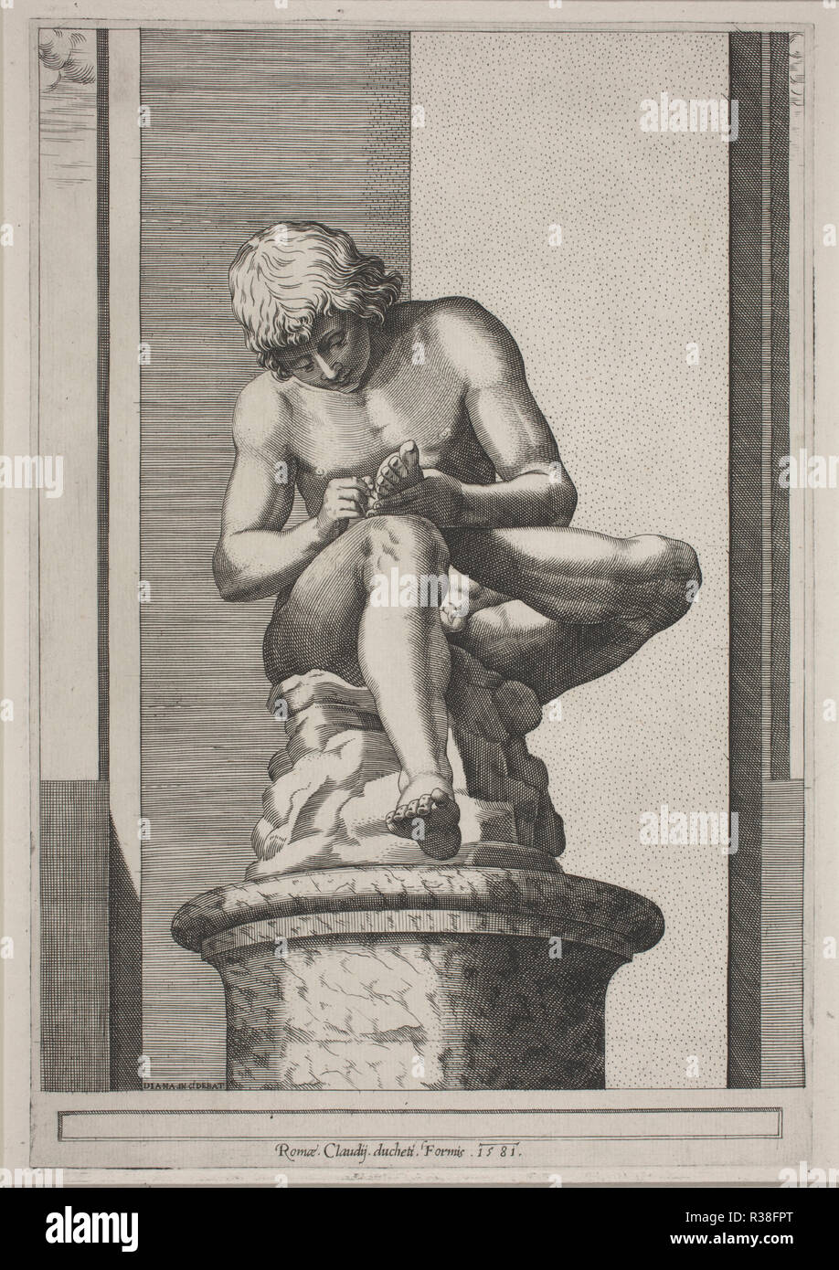 The Spinario. Dated: 1581. Dimensions: plate: 30.6 x 20.8 cm (12 1/16 x 8 3/16 in.)  sheet: 54 x 42.9 cm (21 1/4 x 16 7/8 in.). Medium: engraving on laid paper. Museum: National Gallery of Art, Washington DC. Author: Diana Scultori. Stock Photo