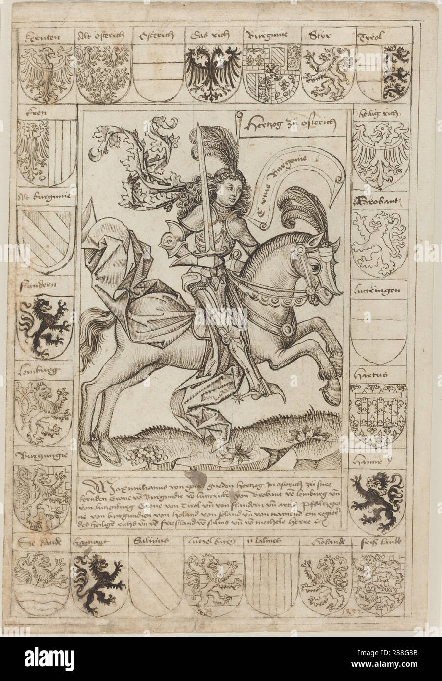 Maximilian, Duke of Austria, on Horseback. Dated: 1492. Dimensions: overall: 38.7 x 26.1 cm (15 1/4 x 10 1/4 in.). Medium: pen and black ink over traces of black chalk on laid paper ruled in leadpoint. Museum: National Gallery of Art, Washington DC. Author: Primary Master of the Strassburg Chronicle. Stock Photo