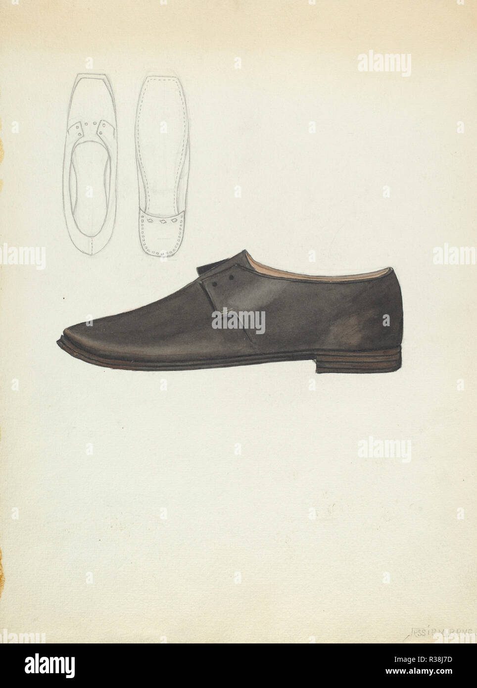 Man's Shoe. Dated: c. 1936. Dimensions: overall: 30 x 23 cm (11 13/16 x 9 1/16 in.). Medium: watercolor, graphite, and pen and ink on paper. Museum: National Gallery of Art, Washington DC. Author: Jessie M. Benge. Stock Photo