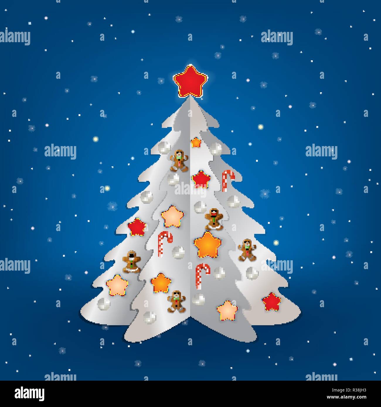 Christmas blue greeting with white tree and decorations Stock Vector ...