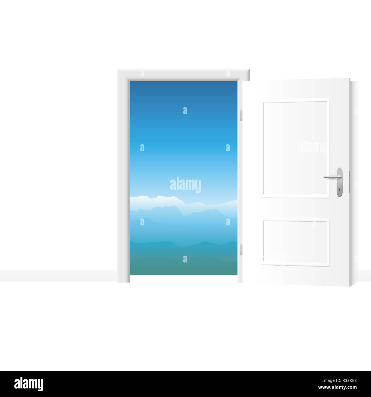 Open white door with mountain view. Bright white room with access to fresh and pure air. Stock Photo