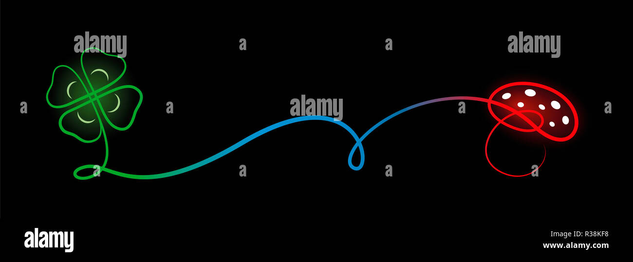 Good luck charm. Four leaf clover and toadstool drawn with a single line. Lucky symbols for luck, happiness, success, health, wealth, fortune. Stock Photo