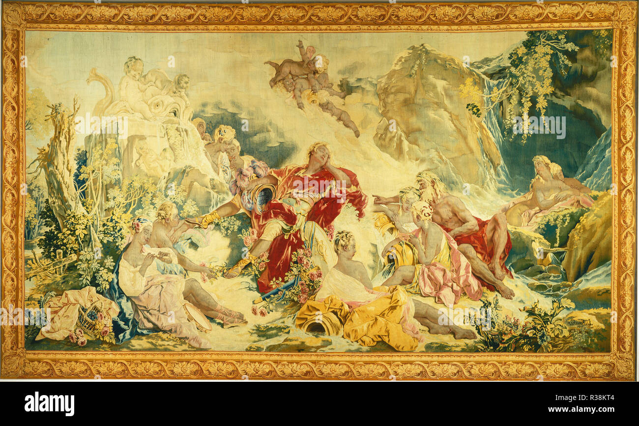Dream of Rinaldo. Dated: c. 1751. Dimensions: overall (approximate dimensions): 281.3 x 472.4 cm (110 3/4 x 186 in.). Medium: tapestry: undyed wool warp; dyed wool and silk weft. Museum: National Gallery of Art, Washington DC. Author: design and cartoon by François Boucher; woven under the direction of Jean-Baptiste Oudry and Nicolas Besnier at the Beauvais manufactory. Stock Photo