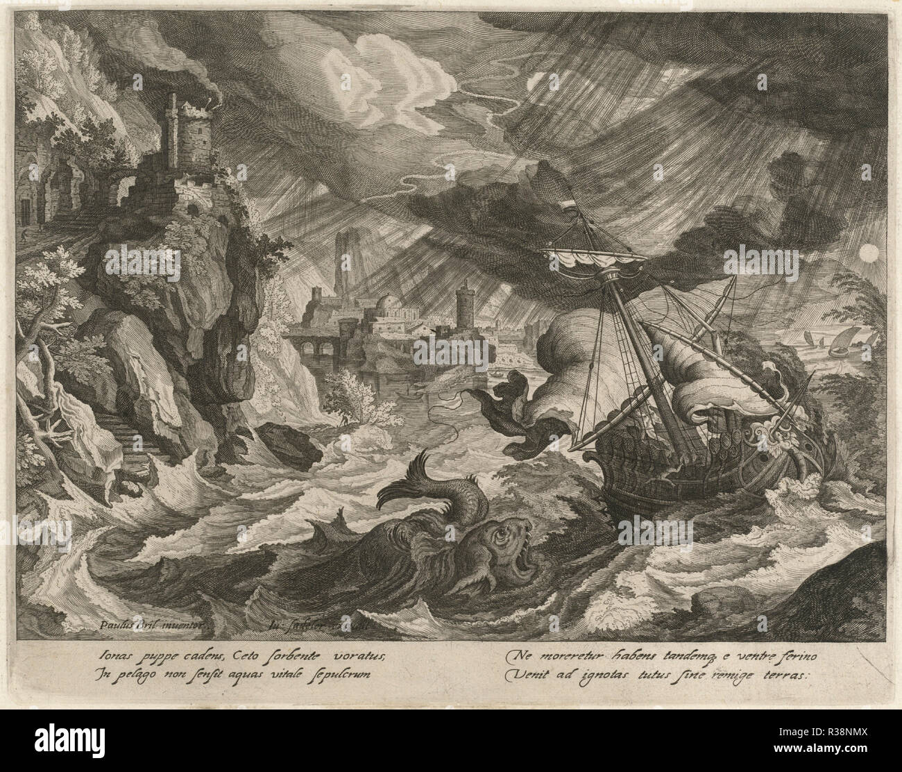 Jonah Thrown into the Stormy Sea. Dated: 1610/1620. Dimensions: plate: 21 x 26.8 cm (8 1/4 x 10 9/16 in.)  overall: 28.6 x 35.4 cm (11 1/4 x 13 15/16 in.). Medium: engraving on laid paper. Museum: National Gallery of Art, Washington DC. Author: Justus Sadeler after Paul Bril. Stock Photo