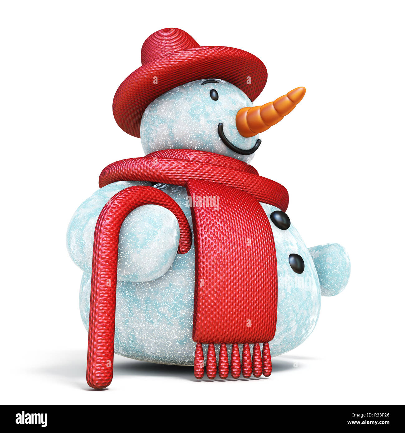 Snowman with red hat, scarf and stick side view 3D render illustration ...