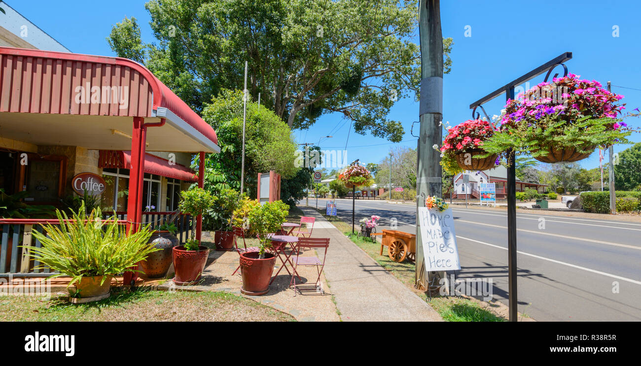 Coffee shop with terrace and hanging baskets in Yungaburra main street