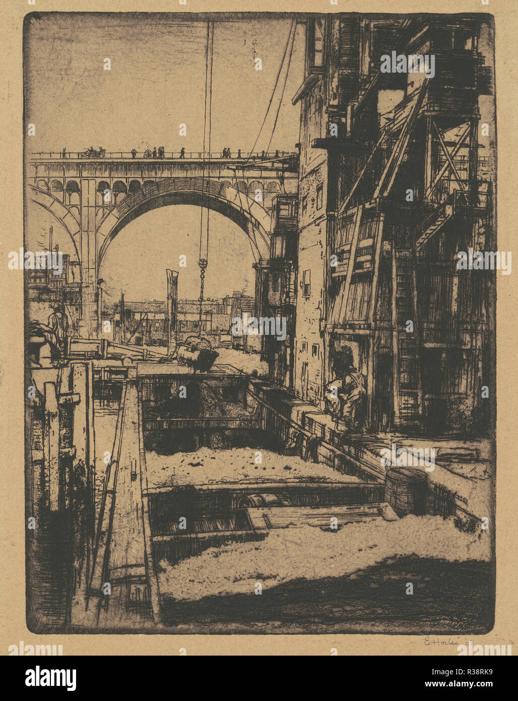 Viaduct, Coal Pockets. Dated: 1908. Dimensions: plate: 25.24 × 19.05 cm (9 15/16 × 7 1/2 in.)  sheet: 28.26 × 21.59 cm (11 1/8 × 8 1/2 in.). Medium: etching in black on wove paper. Museum: National Gallery of Art, Washington DC. Author: Earl Horter. Stock Photo