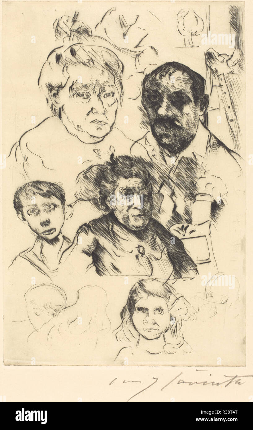 Assorted Heads and Self-Portrait (Verschiedene Köpfe und Selbstbildnis). Dated: 1915. Dimensions: plate: 29.8 x 19.7 cm (11 3/4 x 7 3/4 in.). Medium: drypoint in black on laid paper. Museum: National Gallery of Art, Washington DC. Author: Lovis Corinth. Stock Photo