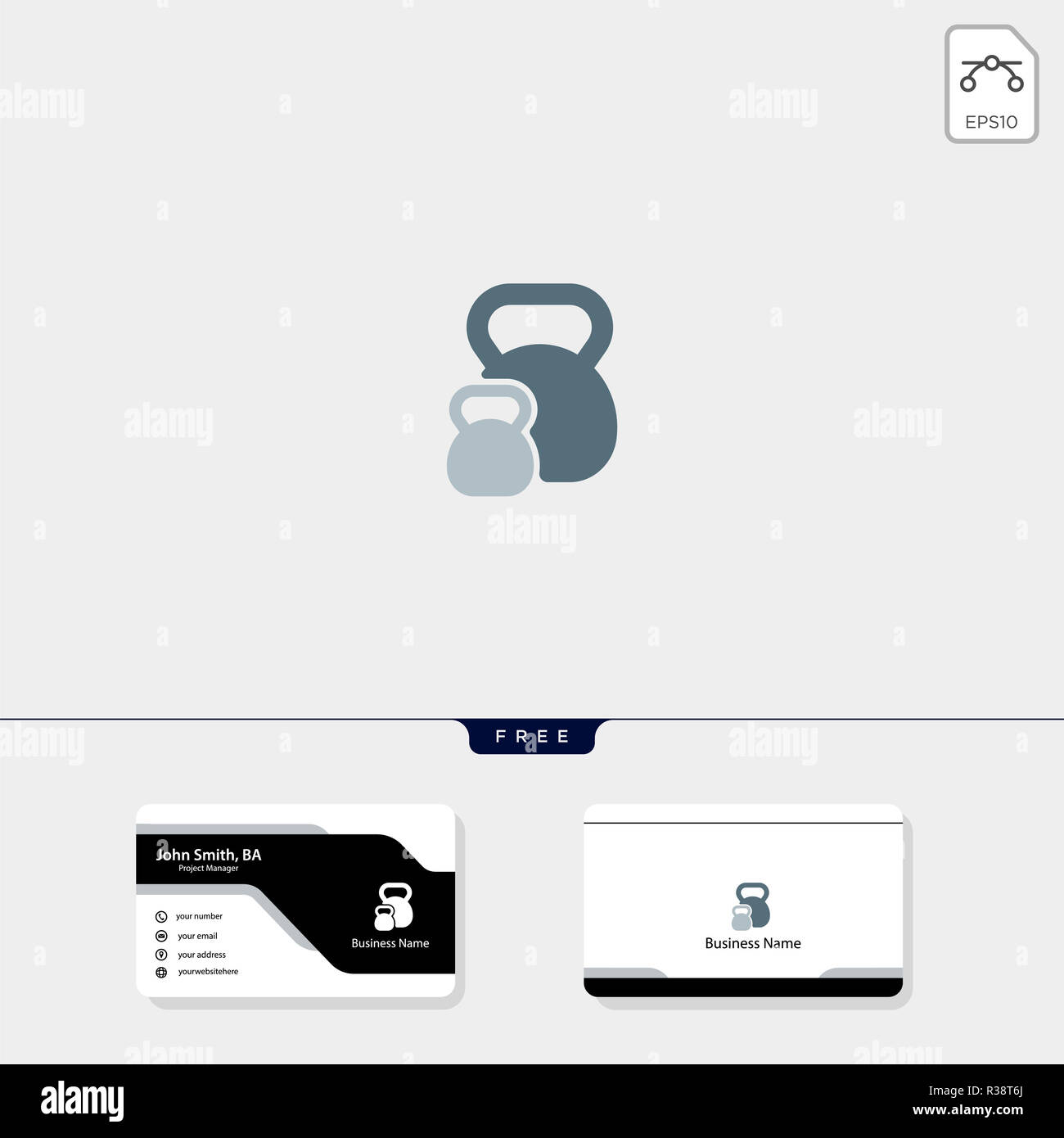 kettlebell, fitness logo template vector illustration, free business card design Stock Photo