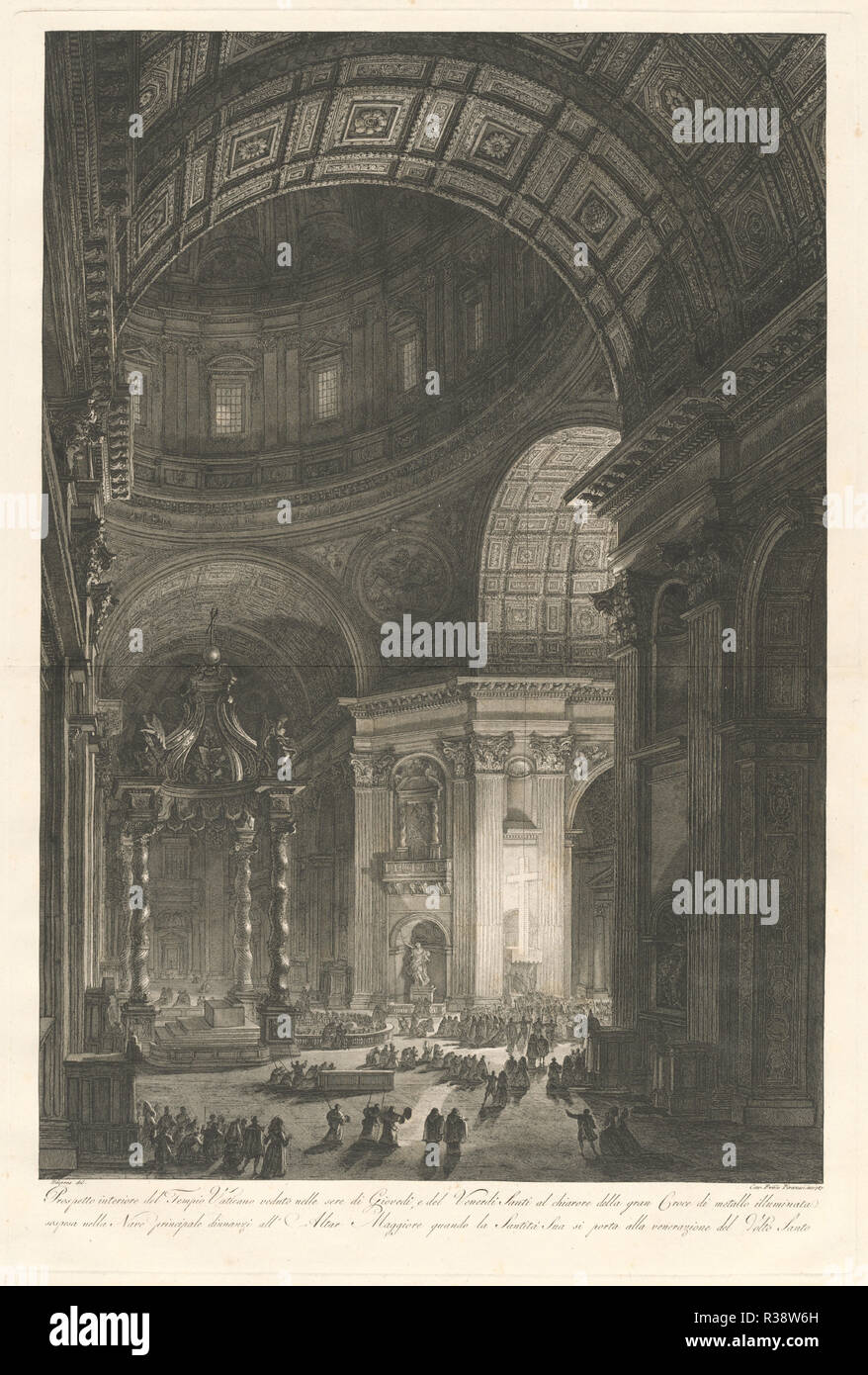 Interior of St. Peter?s, with the Illumination of the Cross of St. Peter. Dated: 1750-1778. Dimensions: plate: 76.52 × 51.12 cm (30 1/8 × 20 1/8 in.)  sheet: 89.22 × 63.5 cm (35 1/8 × 25 in.). Medium: etching on laid paper. Museum: National Gallery of Art, Washington DC. Author: Francesco Piranesi. Stock Photo