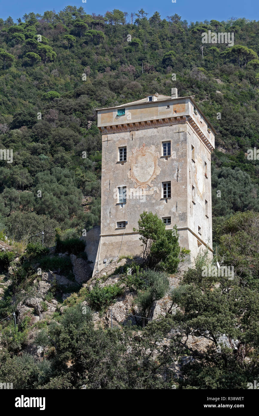 Torre Doria, Watchtower, San Fruttuoso, Portofino Peninsula, Golfo Paradiso, Province of Genoa, Riviera di Levante, Liguria Stock Photo