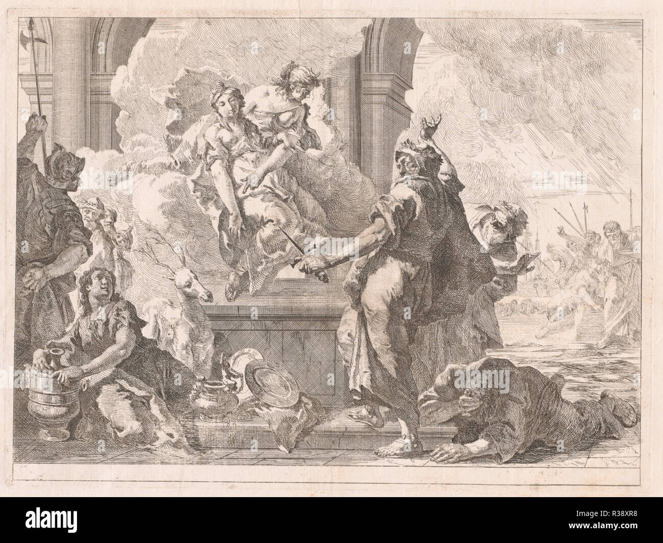 The Sacrifice of Iphigenia. Dated: 1744. Dimensions: plate: 28.7 × 38.7 cm (11 5/16 × 15 1/4 in.)  sheet: 41.3 × 59.2 cm (16 1/4 × 23 5/16 in.). Medium: etching on laid paper. Museum: National Gallery of Art, Washington DC. Author: Francesco Fontebasso. Stock Photo