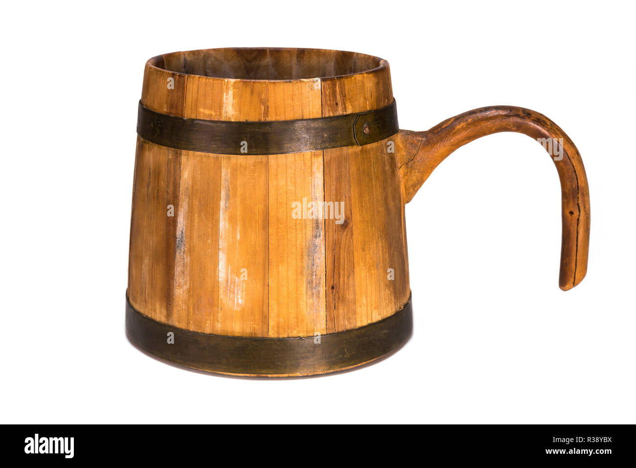 Old traditional wooden mug isolated on white background Stock Photo