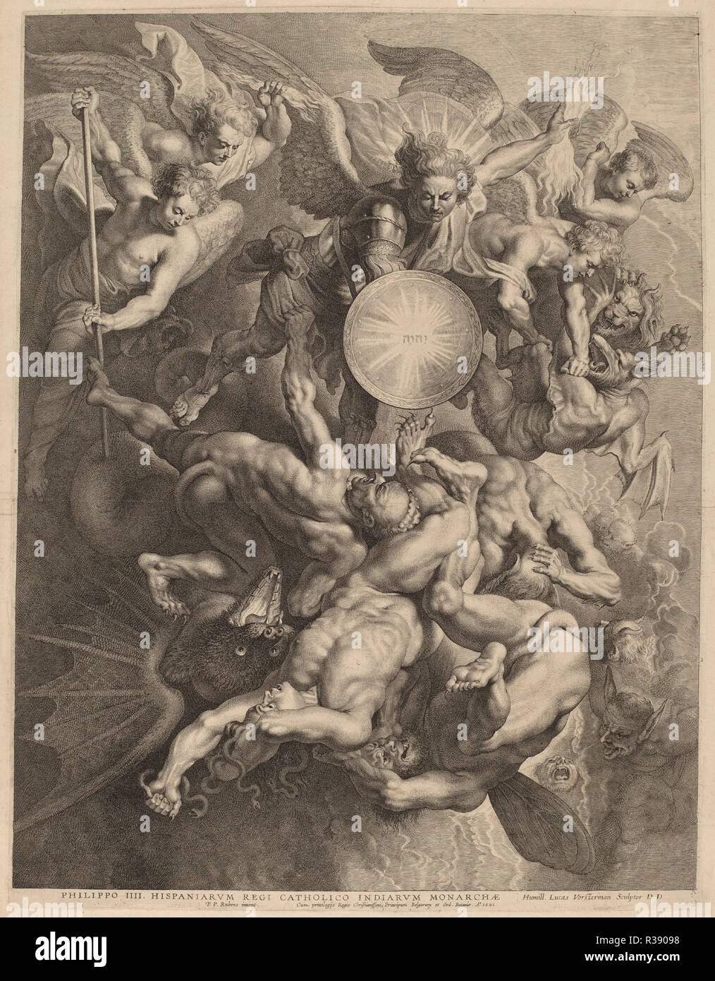 The Fall of the Rebel Angels. Dated: 1621. Medium: engraving. Museum: National Gallery of Art, Washington DC. Author: Lucas Emil Vorsterman after Sir Peter Paul Rubens. Stock Photo