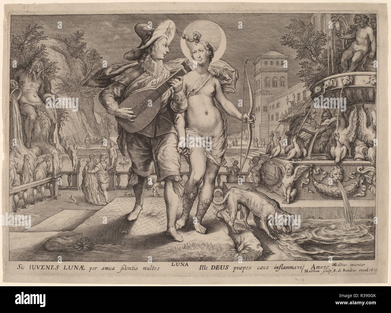 Diana as Luna Accompanying a Young Man Serenading. Dated: 1615. Dimensions: plate: 21.2 x 29.9 cm (8 3/8 x 11 3/4 in.)  sheet: 22.6 x 30.8 cm (8 7/8 x 12 1/8 in.). Medium: engraving on laid paper. Museum: National Gallery of Art, Washington DC. Author: Jacob Matham, after Hendrik Goltzius. Stock Photo