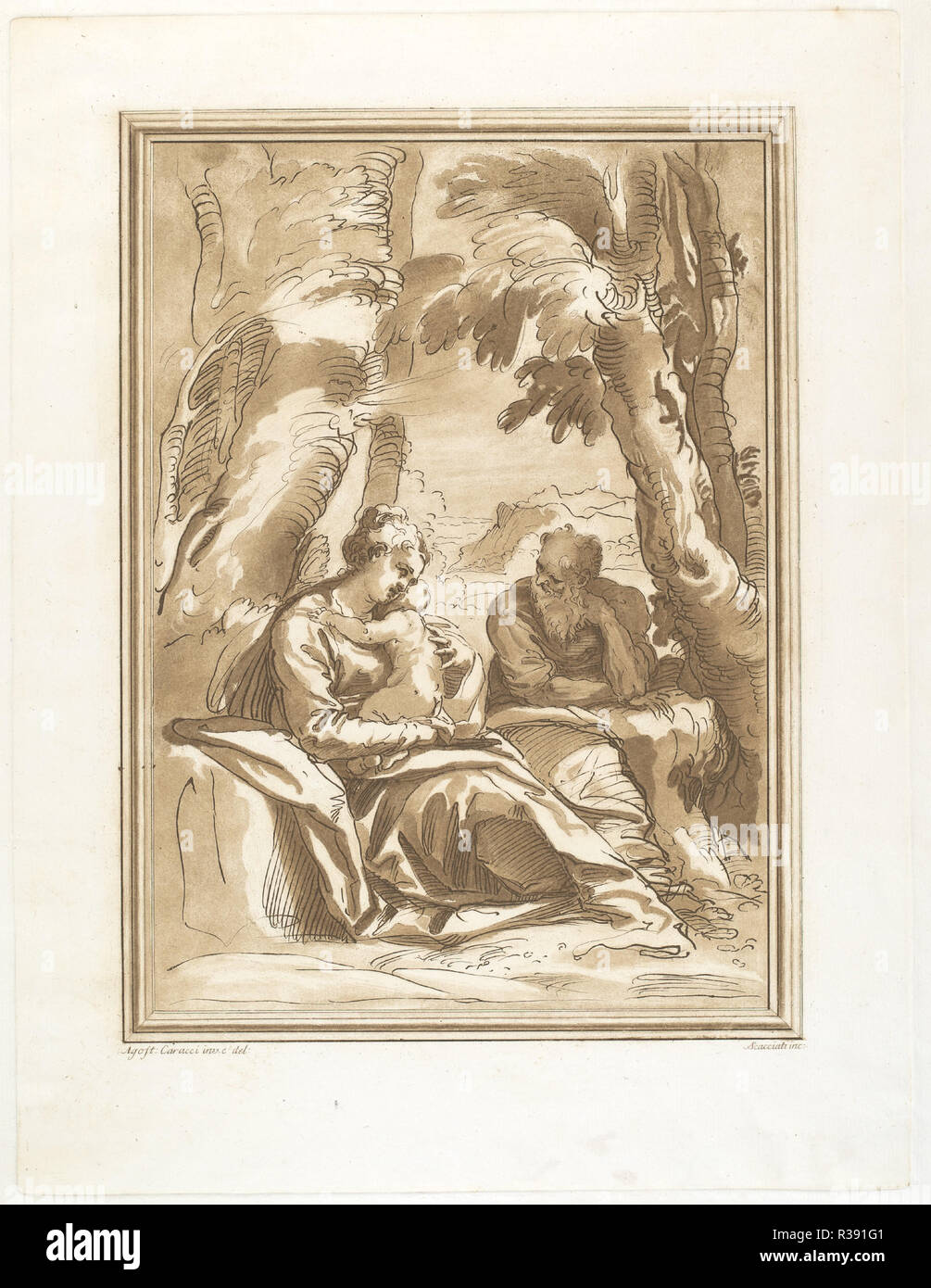 Rest on the Flight into Egypt. Dated: c. 1766. Dimensions: sheet: 61.5 × 44.5 cm (24 3/16 × 17 1/2 in.)  plate: 49.5 × 37.7 cm (19 1/2 × 14 13/16 in.). Medium: etching printed in brown with stipple engraving and sulfur-tint. Museum: National Gallery of Art, Washington DC. Author: Andrea Scacciati after Agostino Carracci. Stock Photo