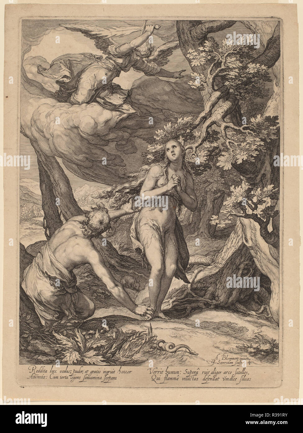 Expulsion from Eden. Dated: 1604. Dimensions: plate: 27.5 x 19.9 cm (10 13/16 x 7 13/16 in.)  sheet: 29.5 x 22.2 cm (11 5/8 x 8 3/4 in.). Medium: engraving on laid paper. Museum: National Gallery of Art, Washington DC. Author: Jan Pietersz Saenredam after Abraham Bloemaert. Stock Photo