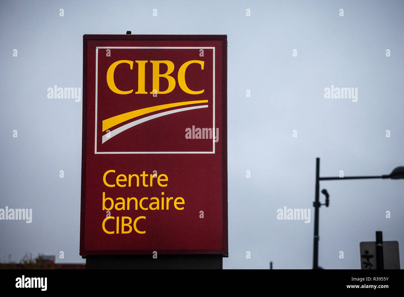 MONTREAL, CANADA - NOVEMBER 3, 2018: CIBC logo, in front of one of their banking center in Montreal. Called as well Canadian Imperial Bank of Commerce Stock Photo