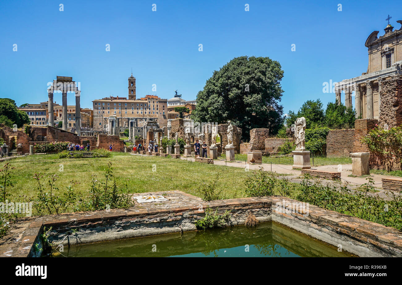 gallery of Roman statues along the remains the remains of the old atrium and palace of the House of the Vestals at the Roman Forum, Rome, Italy Stock Photo