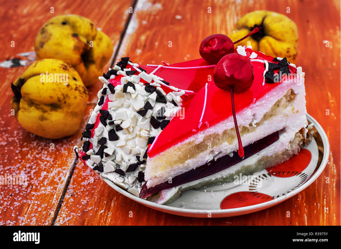 cake covered with quince jam on wood texture Stock Photo Alamy