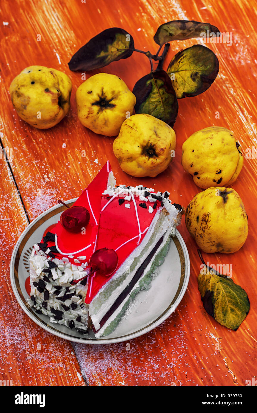 cake covered with quince jam on wood texture Stock Photo Alamy