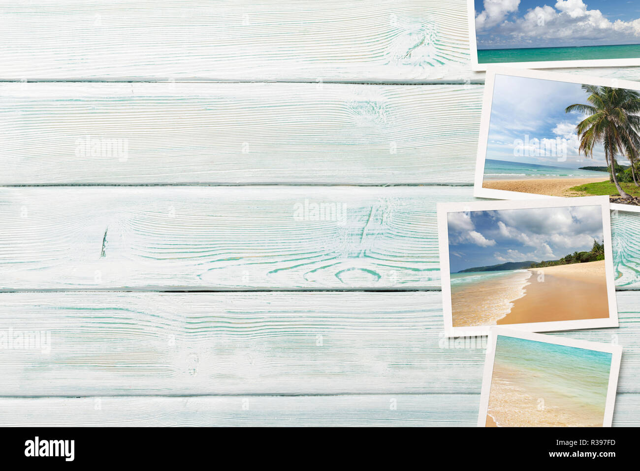 Travel vacation background concept with weekend photos on wooden ...