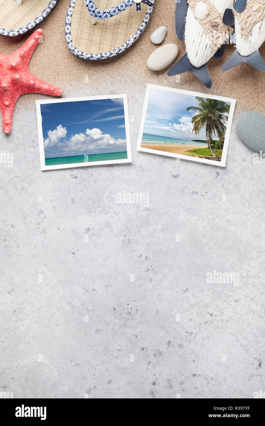 Travel vacation concept with starfish and weekend photos. Top view with copy space. Flat lay. All photos taken by me Stock Photo