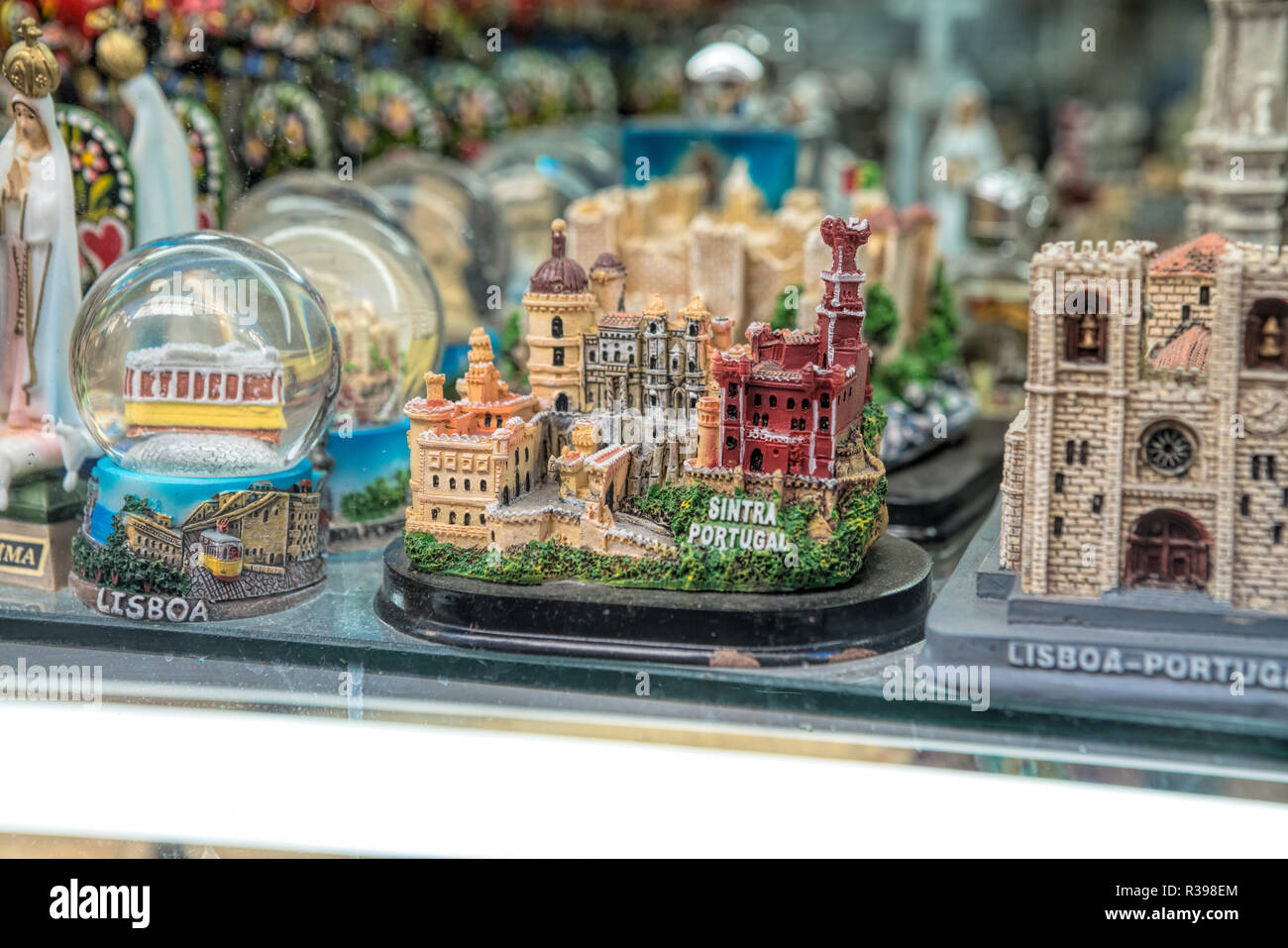 different souvenirs For Sale At Local Vendors in Alfama district, Lisbon, Portugal Stock Photo