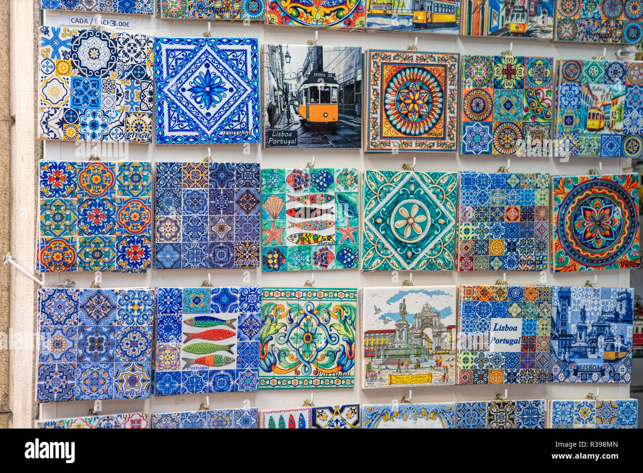 different souvenirs For Sale At Local Vendors in Alfama district, Lisbon, Portugal Stock Photo