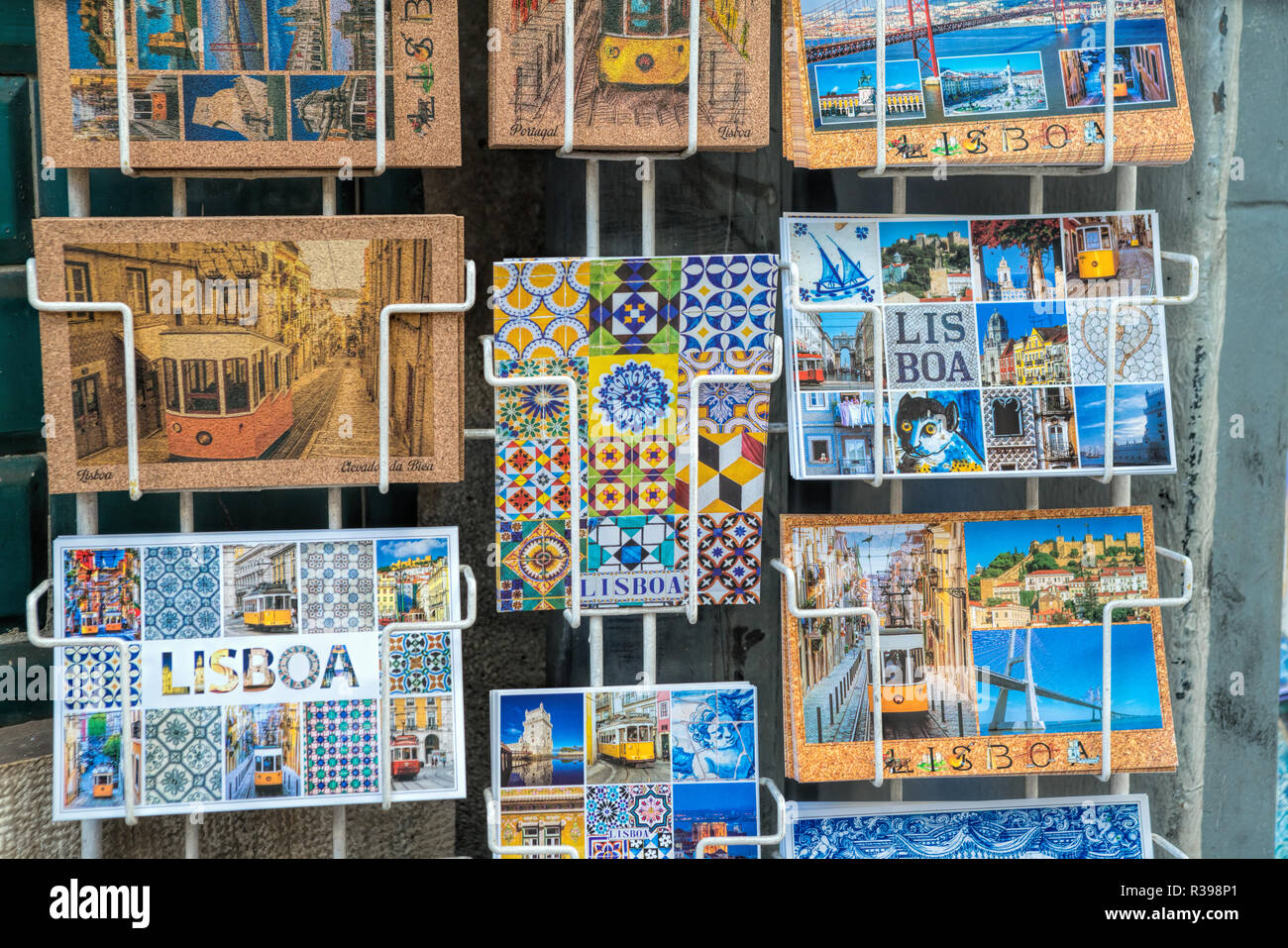 different souvenirs For Sale At Local Vendors in Alfama district, Lisbon, Portugal Stock Photo