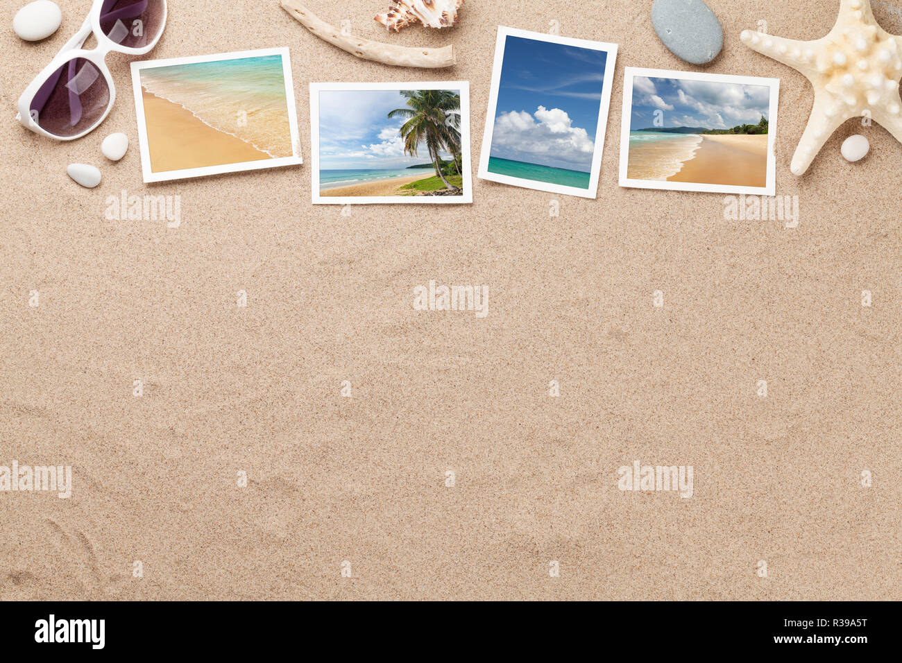Travel vacation background concept with sunglasses, seashells and photos on sand backdrop. Top view with copy space. Flat lay. All photos taken by me Stock Photo