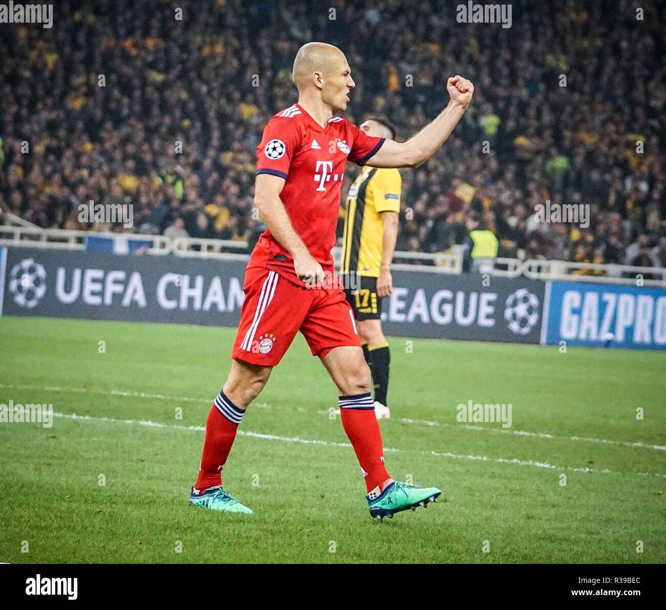 Arjen Robben of Bayern Munich seen celebrating during the Group E match of  the UEFA Champions League between AEK FC and Bayern Munich FC at the  Olympic Stadium in Athens. (Final score