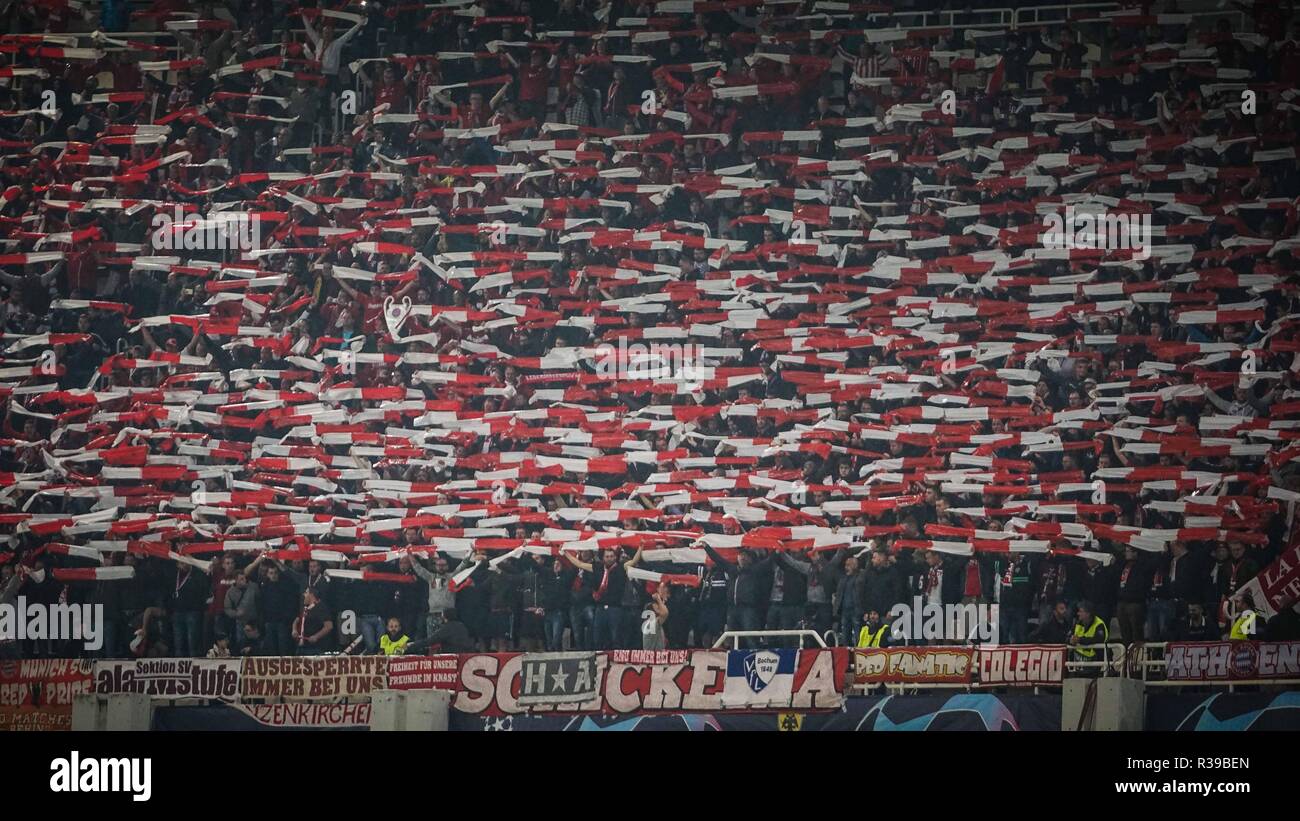 Bayern Munich supporters are seen before the Group E match of the UEFA  Champions League between AEK FC and Bayern Munich FC at the Olympic Stadium  in Athens. (Final score AEK FC