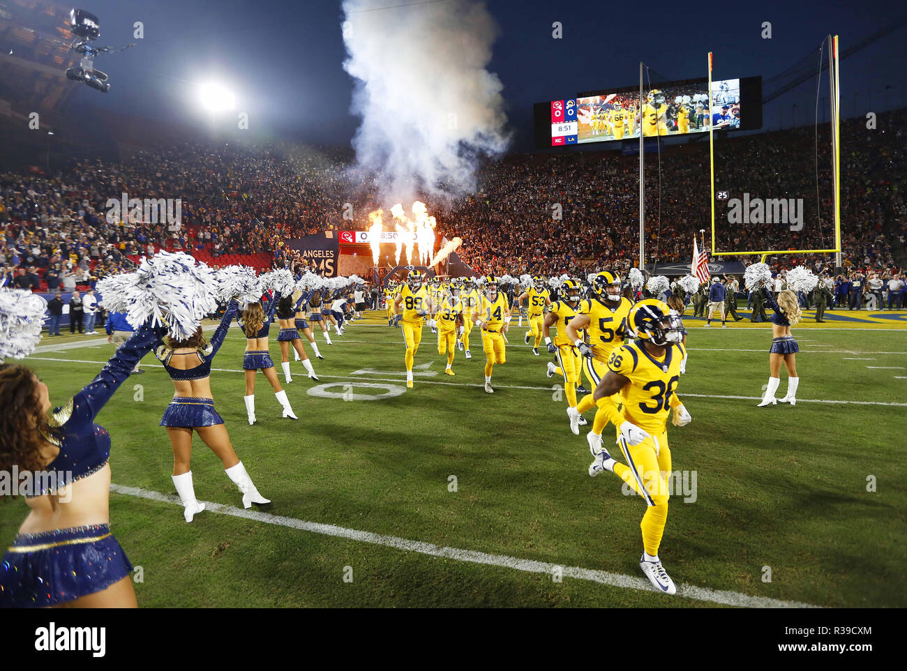 Los Angeled, CALIFORNIA, USA. 19th Nov, 2018. The Los Angeles Rams take the field before they played the Kansas City Chiefs at the Los Angeles Memorial Coliseum on Monday, Nov. 19, 2018. Credit: KC Alfred/ZUMA Wire/Alamy Live News Stock Photo