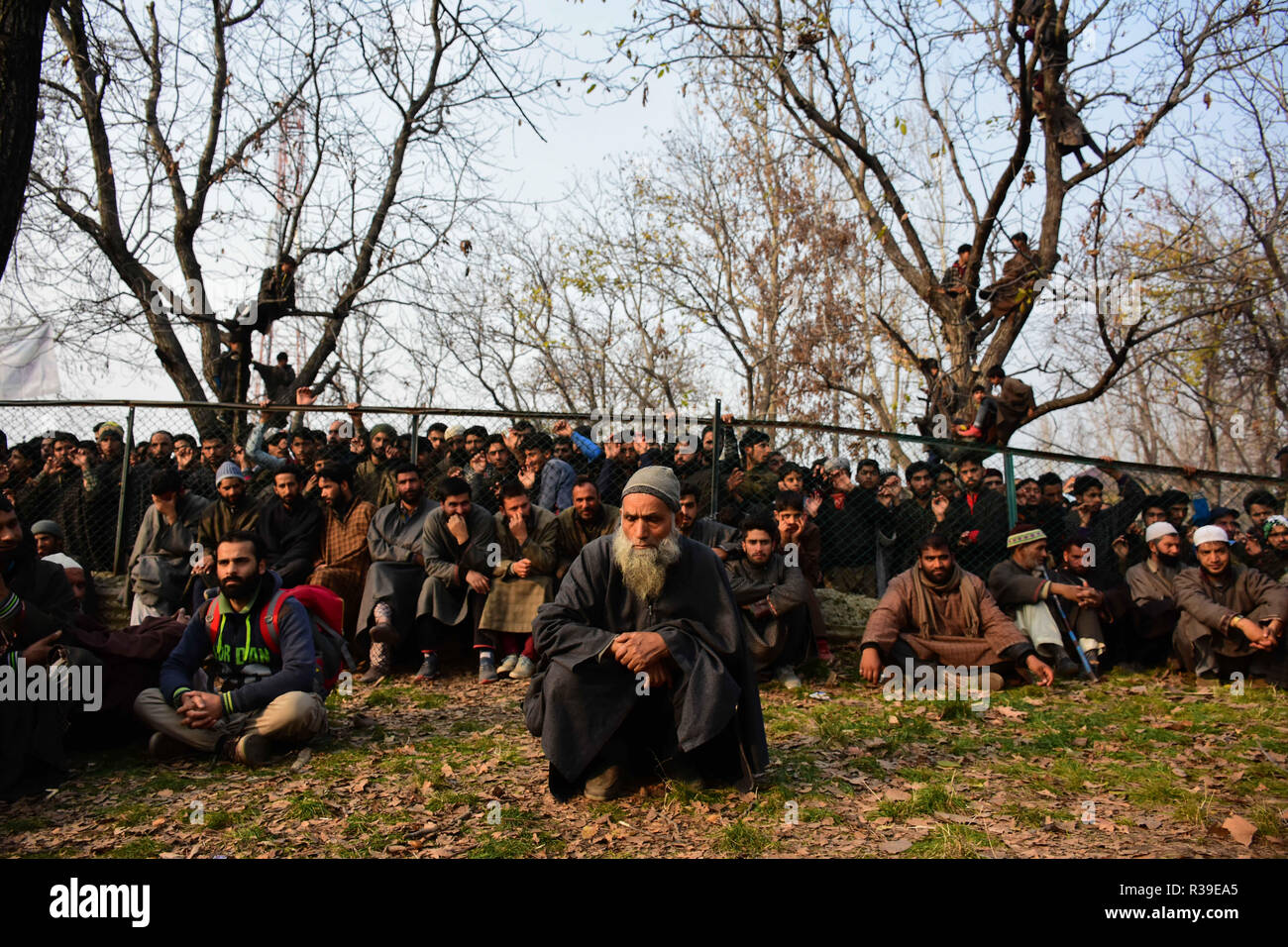 November 20, 2018 - Kashmiri Muslims attend the funeral of rebel Abid Chopan who was killed during a confrontation with Indian forces in the Shopian district of Indian administered Kashmir on 20 November 2018. Chopan is one of four rebels killed in a gunfight between Indian forces and Kashmiri rebels who were identified as Inam ul Haq of Feripora, Abid Nazir Chopan of Paddarpora, Mehraj ud Din Najar of Drawni Zainapora and Basharat Ahmad of Chotigam. Two Indian paratroopers were also killed in the exchange of fire. A lady was also injured by a live ammunition near the gunfight site in the Shop Stock Photo