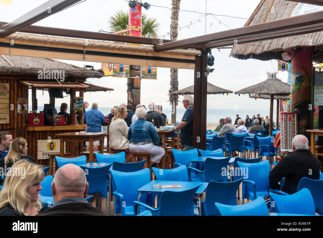 Benidorm, Costa Blanca, Spain, 22nd November 2018. Despite reports in the British press that complaints of anti-social behaviour have forced the closure of this popular tourist bar on Levante Beach, the Tiki Bar is pictured here today, trading as usual. Credit: Mick Flynn/Alamy Live News Stock Photo