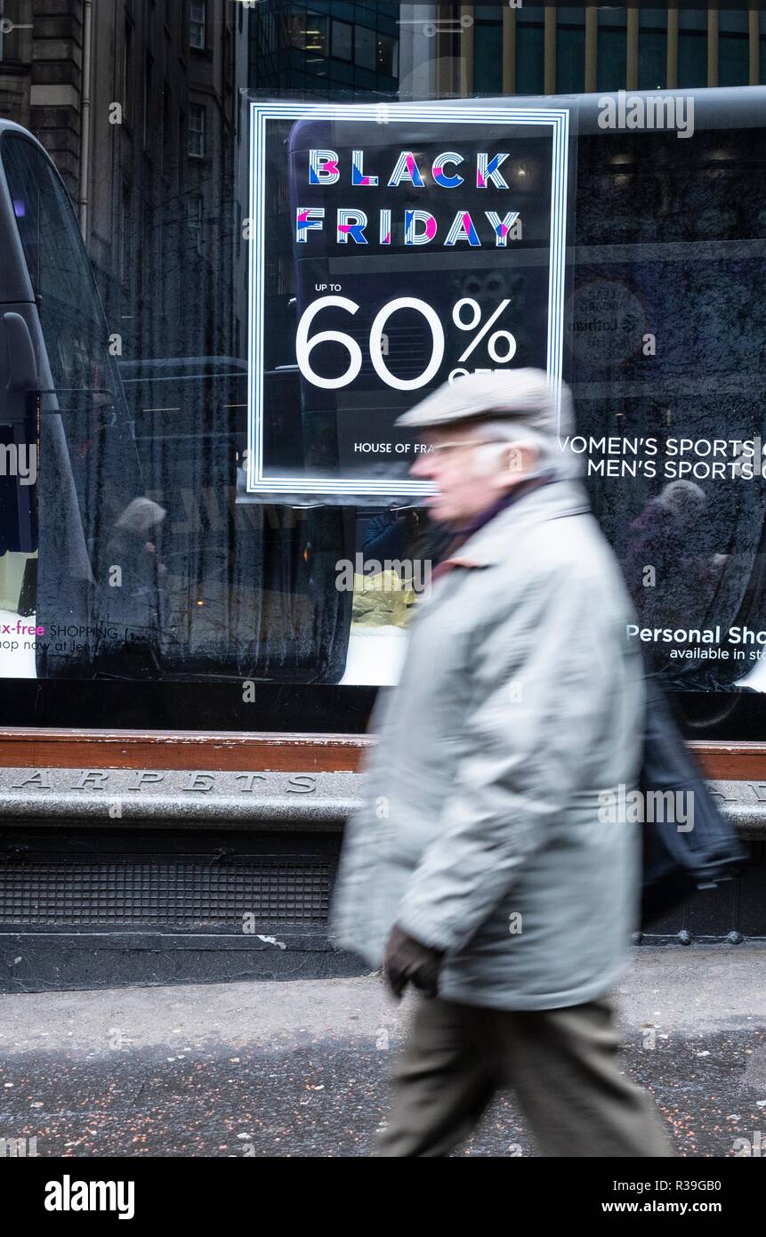 Edinburgh, Scotland, UK. 22nd Nov 2018. Shops on Edinburgh's Princes Street start to advertise Black Friday deals offering up to 60% of items. Credit: Rich Dyson/Alamy Live News Stock Photo