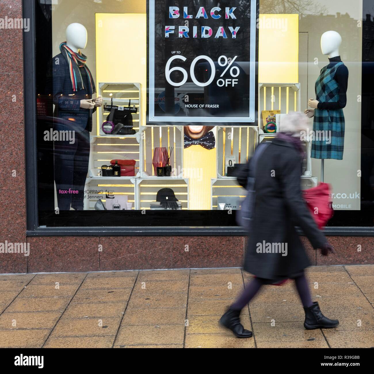 Edinburgh, Scotland, UK. 22nd Nov 2018. Shops on Edinburgh's Princes Street start to advertise Black Friday deals offering up to 60% of items. Credit: Rich Dyson/Alamy Live News Stock Photo