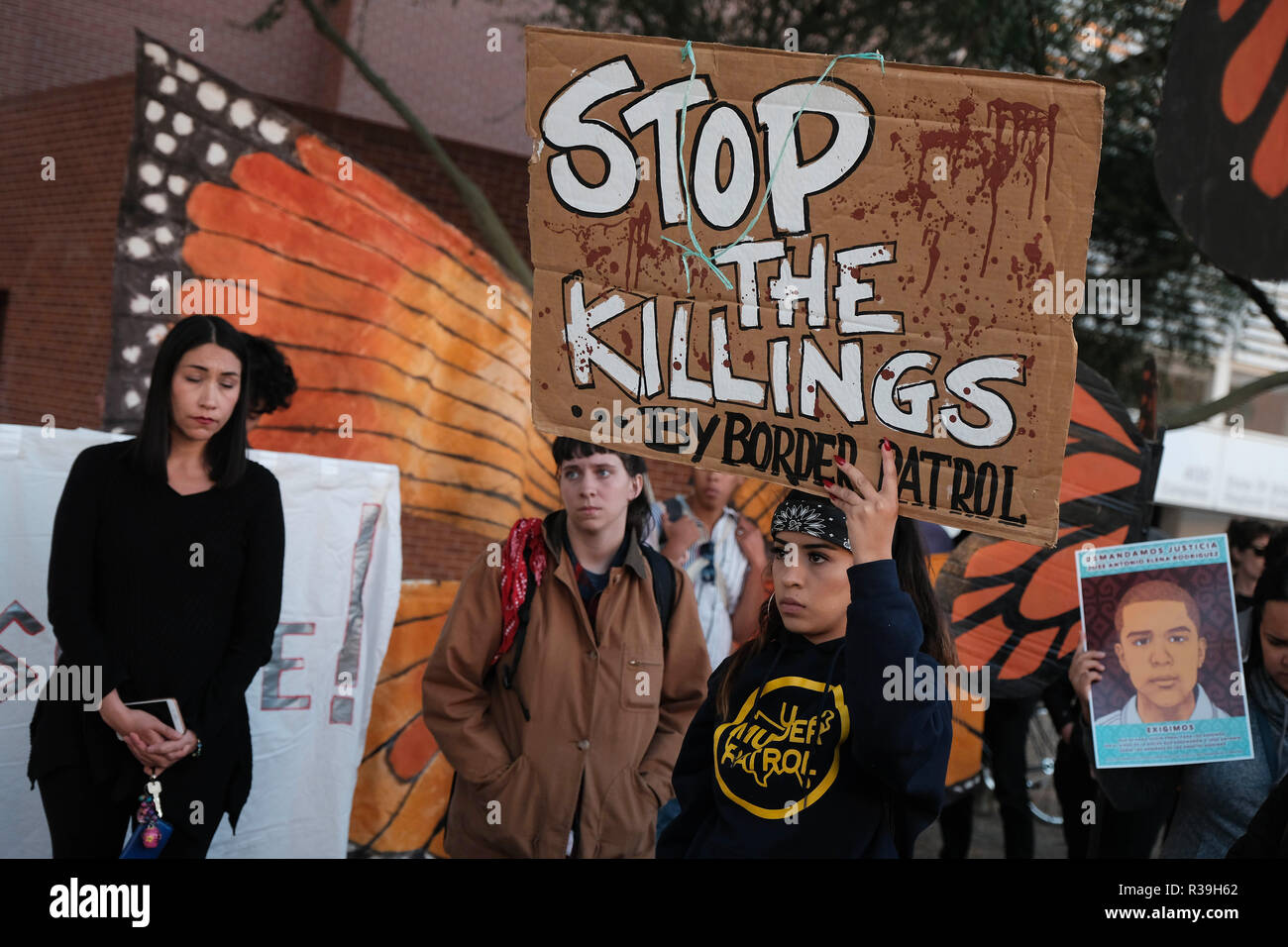 Tucson, Arizona, USA. 21st Nov, 2018. Protesters turn out onto the street of Tucson after the not guilty verdict in the 2012 shooting of Mexican teen Jose Antonio Elena Rodriguez. Border Patrol agent Lonnie Swartz shot the teen 16 times through the border fence in Nogales after the boy was allegedly throwing rocks at agents. Instead of retreating for cover like other agents Swartz chose to use deadly force and kill the fleeing Rodriguez . This was the the second trial of Swartz and the aquittal on involuntary manslaughter charges followed a not guilty verdict on federal charges last year Stock Photo