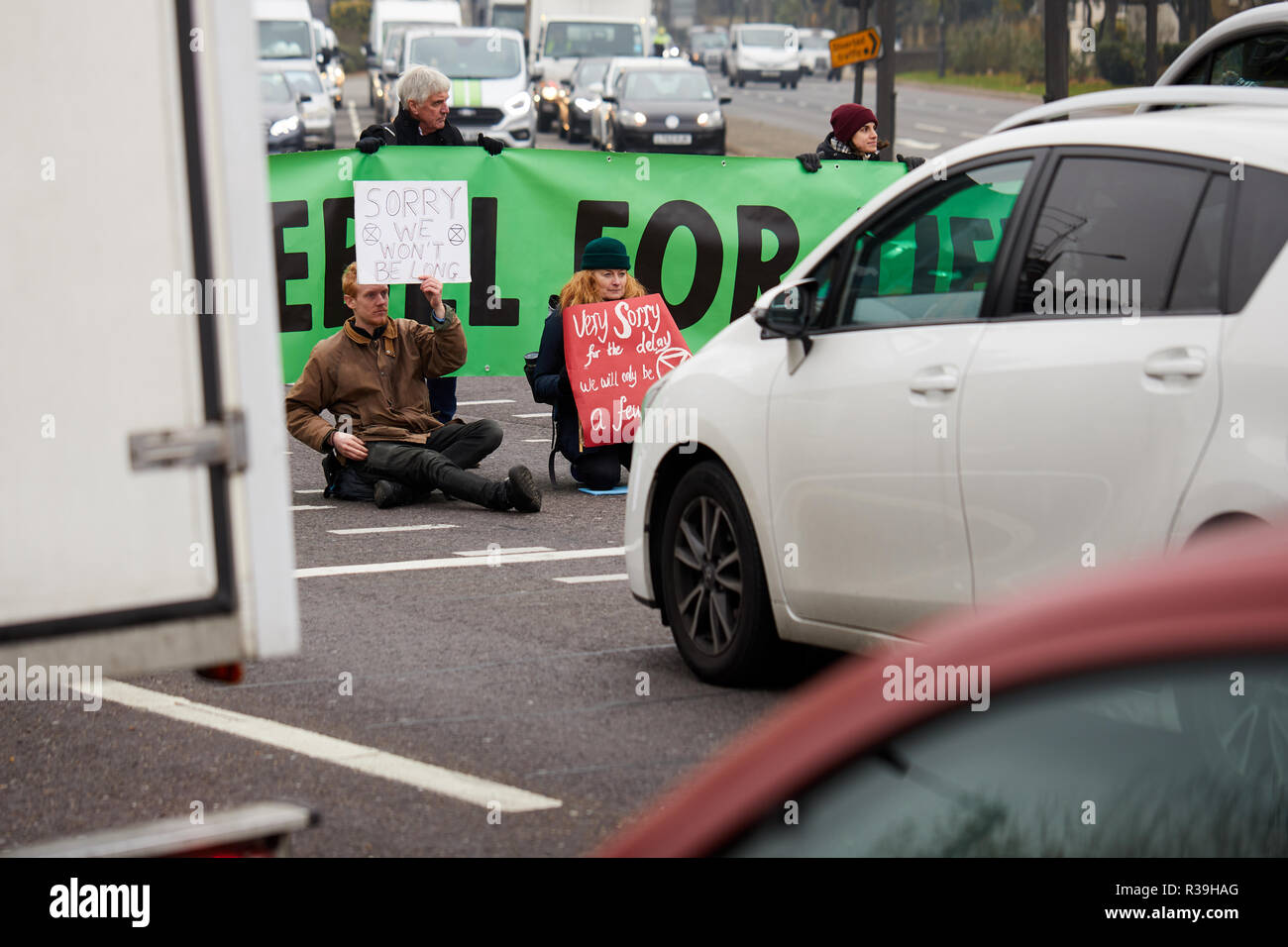 London, UK. - November 22, 2018: Members of Extinction Rebellion climate change group block the A4 into London at Earls Court. Credit: Kevin J. Frost/Alamy Live News Stock Photo