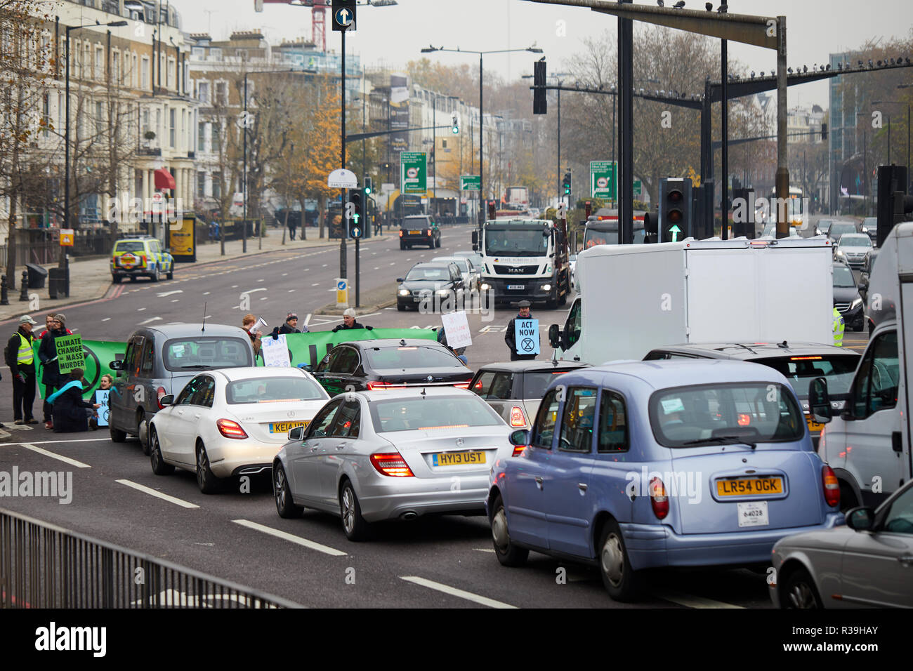 London, UK. - November 22, 2018: Traffic backs-up during a protest by Extinction Rebellion climate change activists blocking the A4 into London. Credit: Kevin J. Frost/Alamy Live News Stock Photo