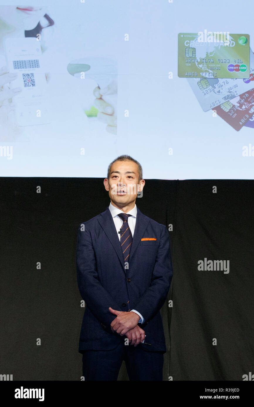 Ichiro Nakayama, president and CEO of PayPay Corp. speaks during a news conference to announce the new smartphone payment service ''PayPay'' on November 22, 2018, Tokyo, Japan. PayPay is a smartphone payment service using barcodes (QR codes) supported by SoftBank, Yahoo Japan and Paytm, that can be used in Japanese stores including Bic Camera, Yamada Denki and Family Mart. Credit: Rodrigo Reyes Marin/AFLO/Alamy Live News Stock Photo