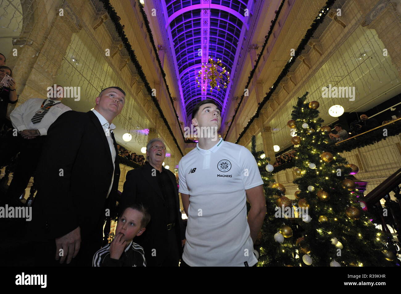 Glasgow, Scotland, UK. 22nd November 2018. Celtic's ace, Kieran Tierney switches on the Iconic Frasers Christmas lights at Mike Ashley's new House Of Fraser in Glasgow.  The event is to raise funds for St Margaret of Scotland Hospice in Clydebank. Credit: Colin Fisher/Alamy Live News Stock Photo
