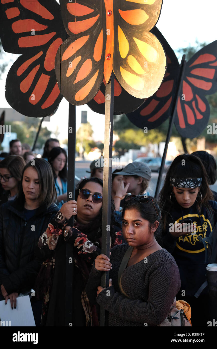 Tucson, Arizona, USA. 21st Nov, 2018. Protesters turn out onto the street of Tucson after the not guilty verdict in the 2012 shooting of Mexican teen Jose Antonio Elena Rodriguez. Border Patrol agent Lonnie Swartz shot the teen 16 times through the border fence in Nogales after the boy was allegedly throwing rocks at agents. Instead of retreating for cover like other agents Swartz chose to use deadly force and kill the fleeing Rodriguez. Credit: Christopher Brown/ZUMA Wire/Alamy Live News Stock Photo