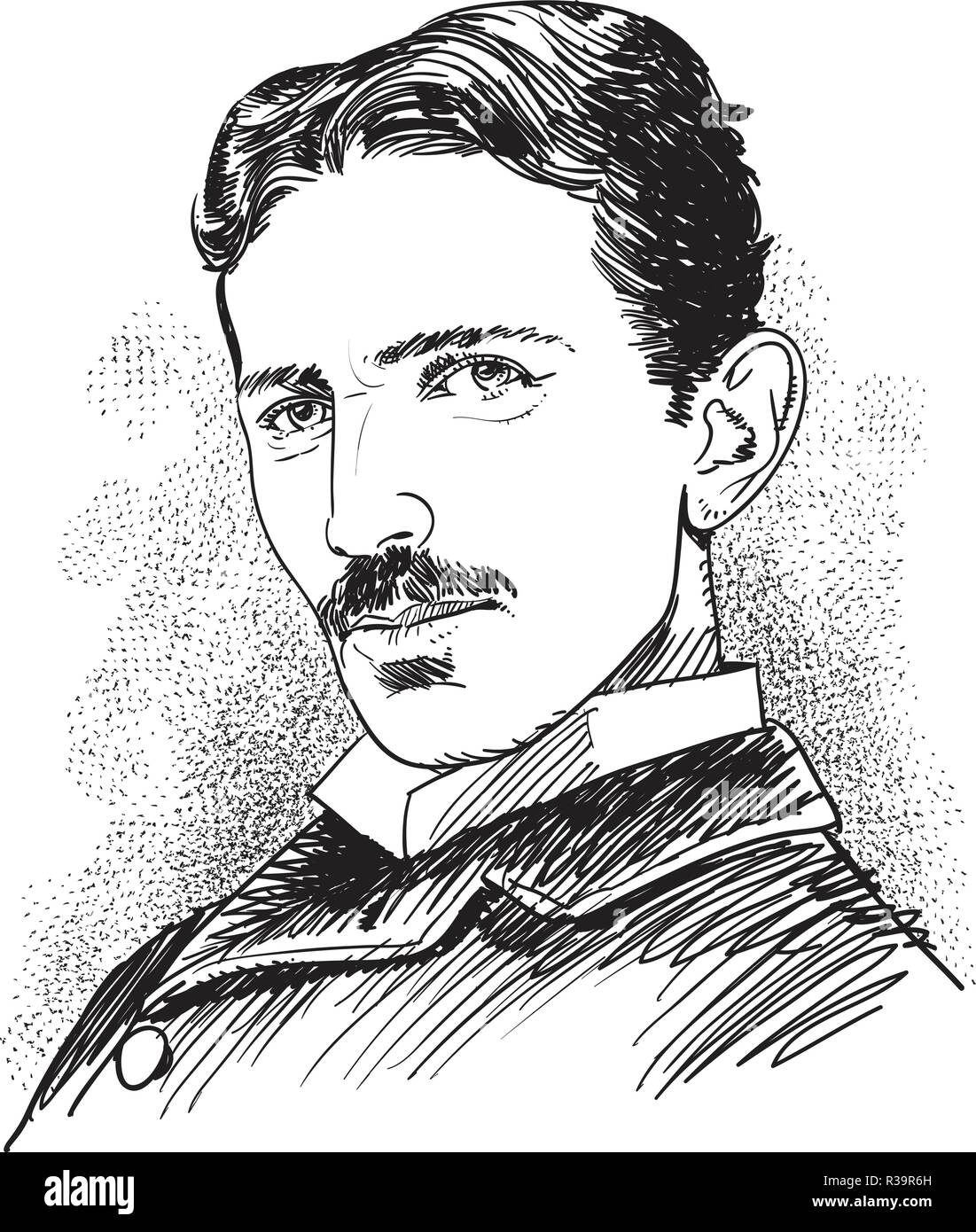 Nicola Tesla, famous scientist illustration in line art. Tesla  was a Serbian-American inventor, electrical and mechanical engineer, Stock Vector